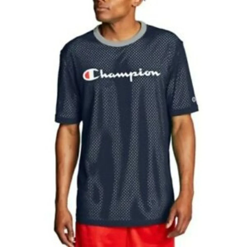 Champion Shirt Men XL Blue Gray Logo Reversible Mesh Short Sleeve Tee Athleisure - Picture 2 of 8